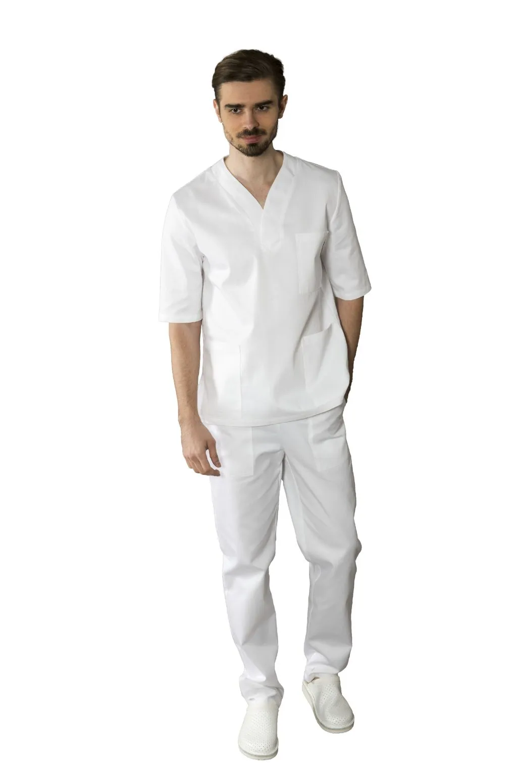 muska-radna-bluza-model-0150-prednja Muška radna bluza 0150 bijela – medicinska bluza s V izrezom