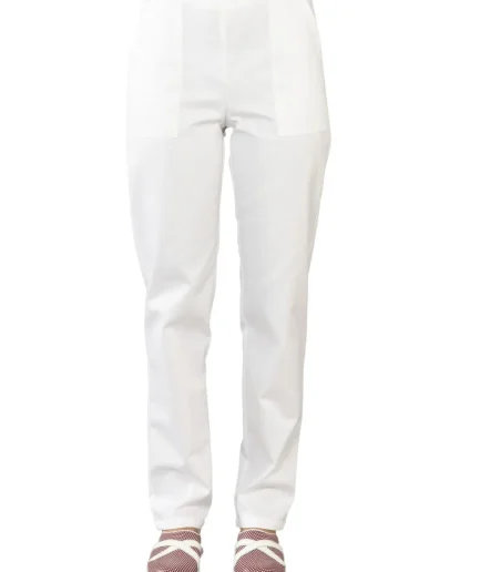 Ženske radne hlače 0022 bijele – medicinske hlače na gumu s prednjim džepovima