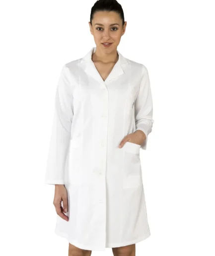 Ženski radni mantil 002 bijeli – strogo strukirani medicinski mantil dugog kroja