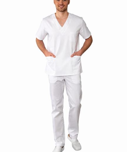 Muška radna bluza 0082 bijela – medicinska bluza na V izrez s prednjim džepovima