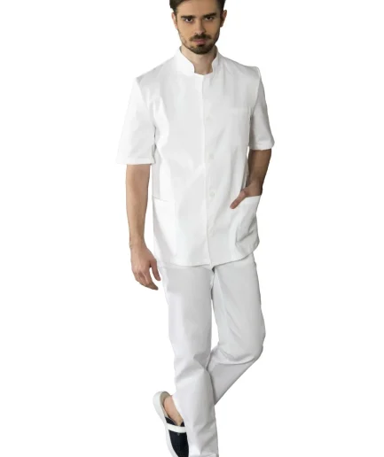 Muška radna jakna 0011 bijela – medicinska jakna kratkih rukava s kopčanjem sprijeda