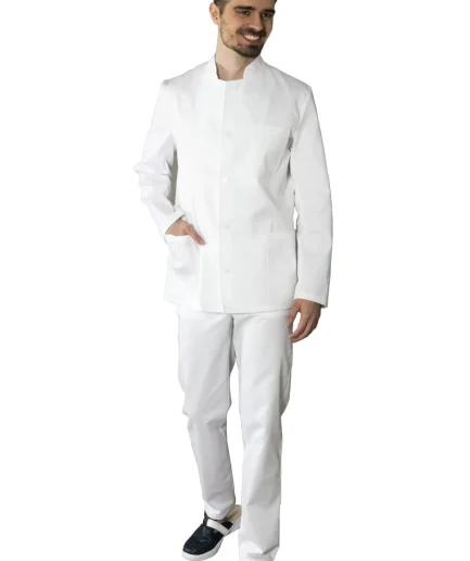 Muška radna jakna 003 bijela – medicinska jakna dugih rukava s kopčanjem sprijeda