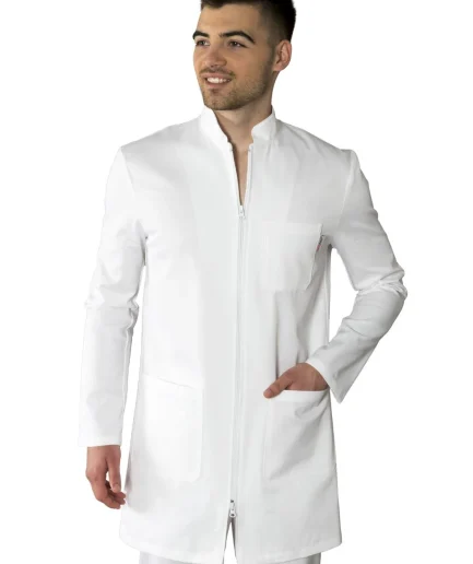 Muški radni mantil 0015 bijeli – medicinski mantil s patentnim zatvaračem sprijeda