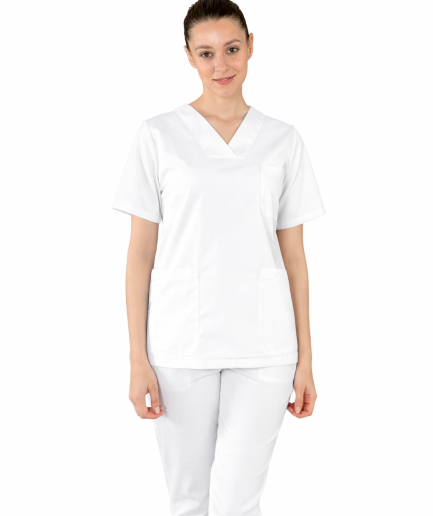 Ženska radna bluza 0076 bijela – medicinska bluza na V izrez s tri prednja džepa