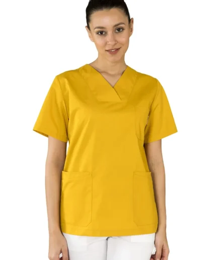 Ženska radna bluza 0076 bijela – medicinska bluza na V izrez s tri prednja džepa