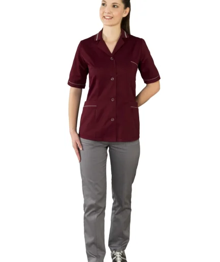 Ženska radna jakna 0064 bordo – medicinska jakna kratkih rukava s gumbima sprijeda